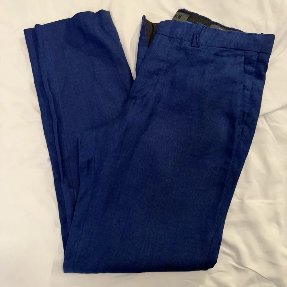 H&M linen pants, blue, never worn, slim fit, size 33R